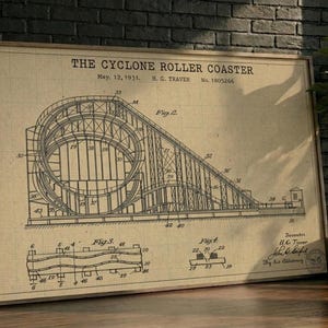 Pode incluir: Uma impressão de patente emoldurada intitulada The Cyclone Roller Coaster, datada de 12 de maio de 1931, por H. G. Traver, número de patente 1805266. O papel bege apresenta desenhos técnicos pretos de uma montanha-russa, incluindo Fig. 2, 3 e 4.