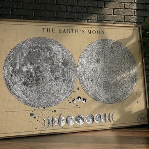 Puede incluir: Una lámina decorativa rectangular sobre fondo beige con el texto THE EARTH'S MOON. La impresión muestra dos grandes ilustraciones detalladas en blanco y negro de la superficie lunar junto a una secuencia horizontal de fases lunares.