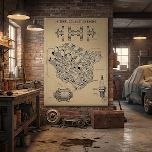May include: An illustration of an internal combustion engine hangs on a brick wall in a garage. The diagram is in black and white. A vintage car is parked in the garage. Tools and equipment are visible on a workbench and shelves.