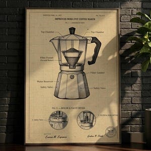 POSTER | Patenttryck med vintage-mokakanna | Cafédekor | Present till kaffeälskare | Digital nedladdning
