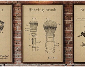 Set of 3 barbershop posters, Vintage Barber Shop Posters, Wall Art, Barbershop Decor, Barber tools, technical drawing, blue printing.