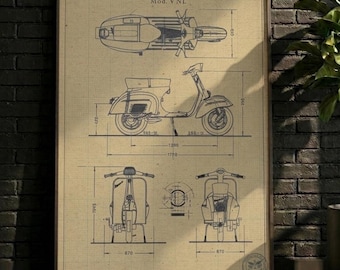 PÓSTER / Decoración de pared, Lámina con patente de Vespa vintage, Diseño de plano de scooter retro (Descarga digital)