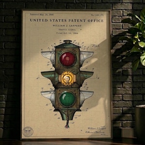 Può includere: Stampa di brevetto vintage di un semaforo, datata 28 maggio 1946. Il diagramma mostra un semaforo a tre luci con luci rosse, gialle e verdi. La stampa include il testo "United States Patent Office" e il nome William J. Leppert.