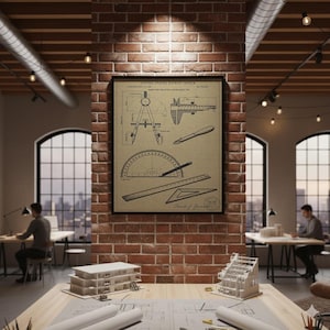 May include: A framed vintage blueprint illustration featuring drafting tools, including a compass, protractor, and ruler. The print, labeled "United States Patent Office," is displayed on a brick wall in a modern office setting. The artist's signature is visible.