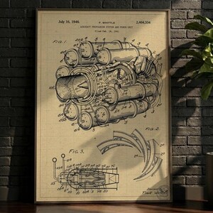 May include: A framed patent print on tan paper featuring technical line drawings of an aircraft propulsion system and power unit by F. Whittle, dated July 16, 1946, with patent number 2,404,334, including detailed diagrams labeled Fig. 1, Fig. 2, and Fig. 3.