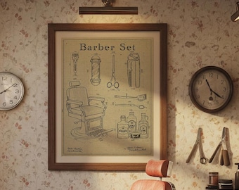 Vintage Barber Shop Posters, Wall Art, Barbershop Decor, Barber tools, technical drawing, blue printing painting, haircutting chair.