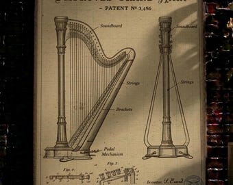 PLAKAT | Vintage Harfa Patent Print | Projekt instrumentu muzycznego | Dekoracja ścienna z motywem muzyki klasycznej | Prezent dla harfisty | Pobieranie cyfrowe