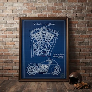 Könnte beinhalten: Gerahmter Kunstdruck eines V-Twin-Motor- und Motorrad-Bauplans, vor einer Backsteinmauer. Der Druck zeigt detaillierte weiße Strichzeichnungen auf blauem Hintergrund. Ein brauner Helm und Handschuhe liegen auf dem Boden.