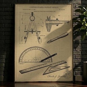 Puede incluir: Una impresión de estilo vintage sobre papel beige con dibujos técnicos de un conjunto de instrumentos de dibujo mejorados. La imagen muestra un compás, un calibrador, un estilete, un transportador, un lápiz, una regla y una escuadra con el texto United States Patent Office.