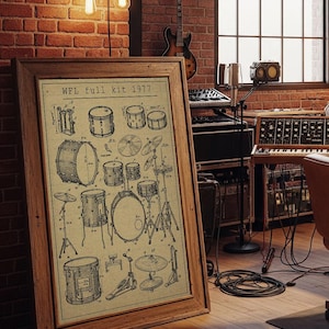 May include: A framed vintage print titled "WFL full kit 1977" featuring a detailed diagram of a drum set. The print is in a wooden frame and is set against a brick wall. The room also contains a guitar, keyboard, and other music equipment.