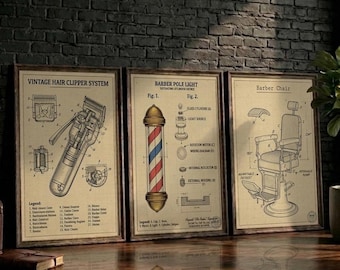 PÓSTER / Juego de 3 láminas con diseños de barbería / Decoración vintage para barbería / Arte mural con planos de peluquería / Regalo para peluqueros / Descarga digital