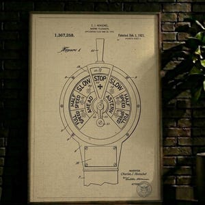 May include: Aged blueprint art print of a marine telegraph, featuring a circular dial with speed indicators such as "Full Speed" and "Stop". The print, dated Feb 1, 1921, is on vintage paper, showcasing nautical design.