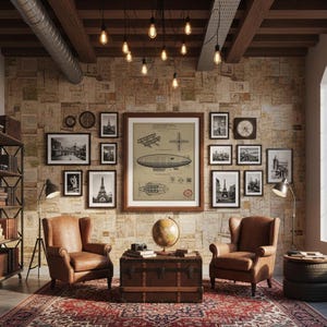 May include: A vintage-themed living room with a gallery wall of framed prints, including architectural sketches and cityscapes. Two leather armchairs face a trunk-style coffee table with a globe. A patterned rug and Edison bulb lighting complete the decor.