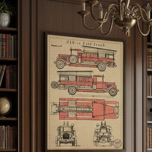 May include: Framed vintage-style print featuring red ZIS-11 fire truck blueprints. The print displays multiple views of the fire truck on a tan background, with the text "ZIS-11 Fire truck" at the top. The artwork is displayed in a dark brown frame.