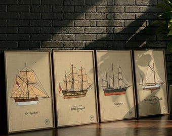 PÓSTER / Decoración de pared, Juego de 4 láminas con patentes de veleros, Arte de pared con planos náuticos vintage (Descarga digital)