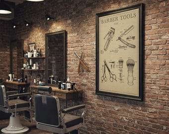 Vintage Barber Shop Posters, Wall Art, Barbershop Decor, Barber tools, technical drawing, blue printing painting, haircutting chair.