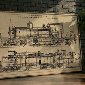 May include: A framed blueprint of a locomotive, with detailed black ink technical drawings on a beige background. The print includes text at the top. It is displayed on a wooden surface next to a potted plant.