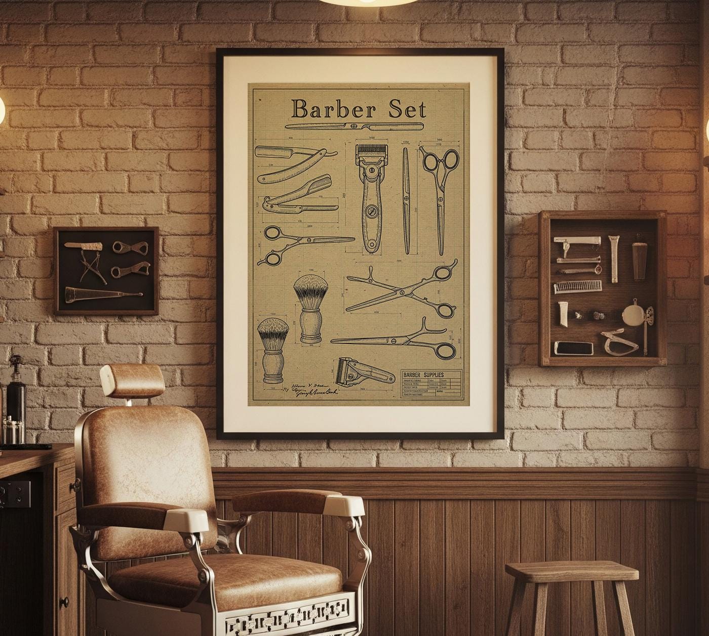 Vintage Barber Shop Posters, Wall Art, Barbershop Decor, Barber tools, technical drawing, blue printing painting, barbershop poster.