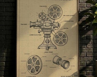 PÓSTER / Decoración de pared, Lámina con patente de proyector de cine vintage, Póster con plano de cine retro (Descarga digital)