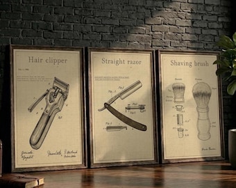 Vintage Barber Tools Blueprint Art Set | Hair Clipper, Straight Razor, Shaving Brush (Digital Download)