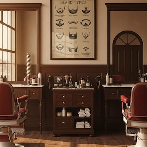 Könnte beinhalten: Innenraum eines Vintage-Friseursalons mit dunklen Holzvertäfelungen, roten Friseurstühlen und einem gerahmten "Barttypen"-Poster. Ein Schrank zeigt Pflegeprodukte und Handtücher.