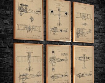 Vintage vliegtuigpatententekeningen | Set van 6 retro vliegtuigblauwdrukken (digitale download)