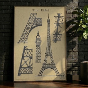 PÓSTER / Decoración de pared, Lámina con el plano de la Torre Eiffel, Ingeniería parisina vintage (Descarga digital)