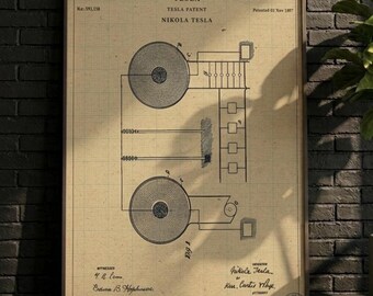 POSTER | wall art, Vintage Tesla Coil Patent Print, Retro Nikola Tesla Blueprint Poster, Antique Electricity Wall Art, Engineer Gift Digital