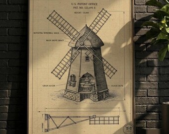 POSTER | Windmill Patent Art Print | Vintage Blueprint, Farmhouse Decor (Digital Download)