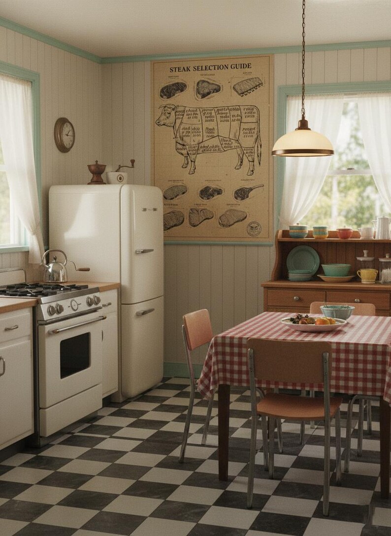 retro kitchen print wallpaper at caitlin hume blog... POSTER | Steak Cuts Diagram Blueprint Art | Retro Kitchen Print ...