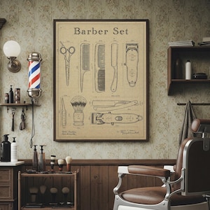 May include: A framed "Barber Set" print displays vintage barber tools in a blueprint style. The image is set in a classic barbershop with a barber chair, a barber pole, and a wooden cabinet.