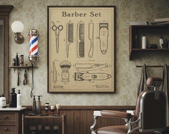 Vintage Barber Shop Posters, Wall Art, Barbershop Decor, Barber tools, technical drawing, blue printing painting, haircutting chair.