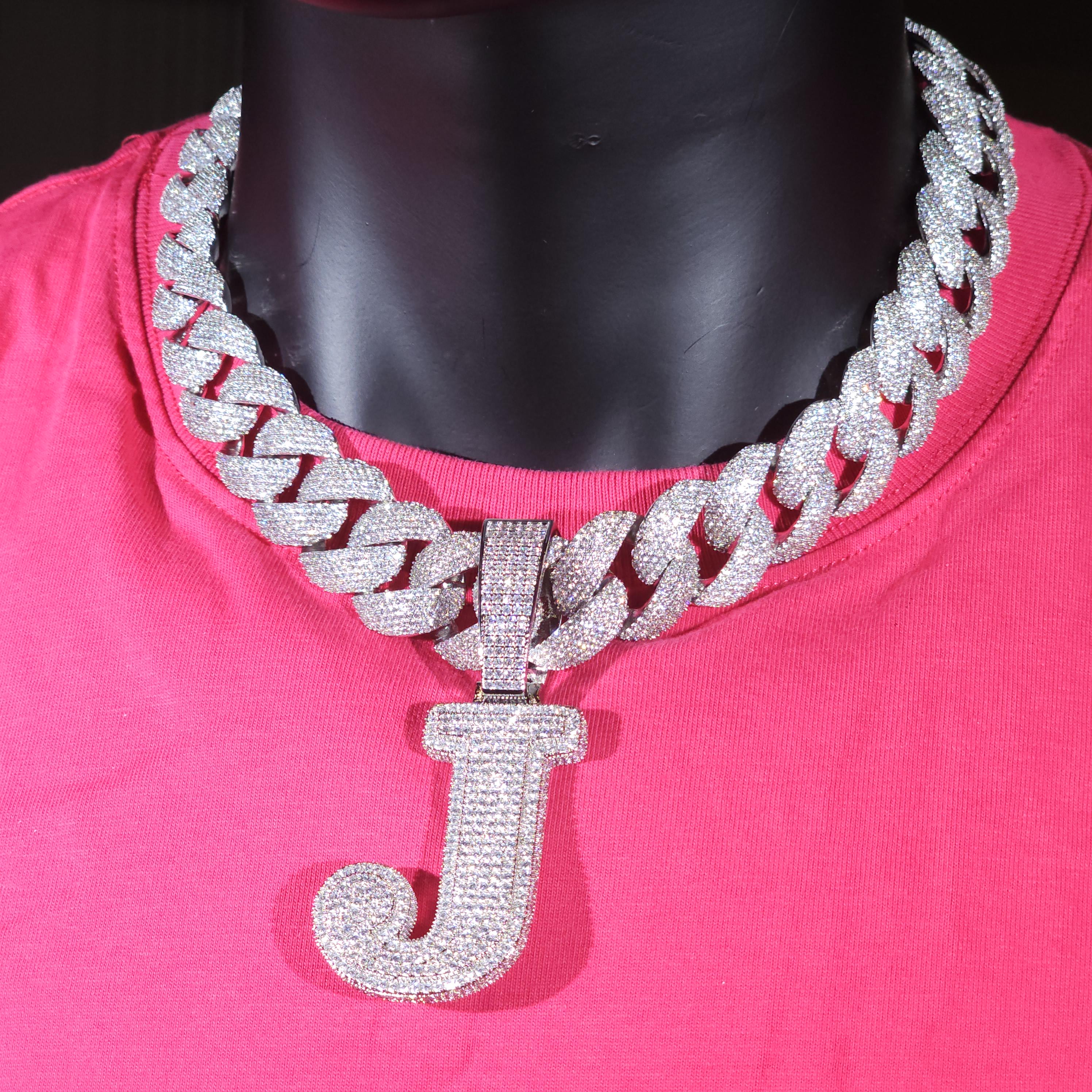Metaltree98 Iced Out Bubble Letter 'J' Initial Silver Plated Pendant With 24-Inch Tennis Chain