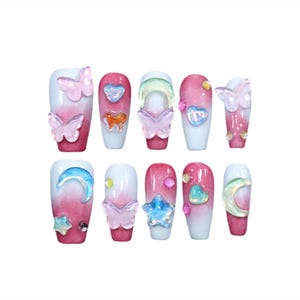 Petaledge Cute Cartoon Handmade Press On Nails, Short-Medium Coffin Acrylic Fake Nails,3D Butterfly Star,Reusable,Long-Lasting,Girls Gifts