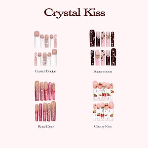 May include: An image showcasing four sets of artificial nails. The sets are labeled "Crystal Kiss", "Crystal Bridge", "Sugar Cocoa", "Rose Drip", and "Cherry Kiss". Each set features a different design, including glitter, hearts, and cherry motifs. The nails are in various shades of pink, white, and brown.