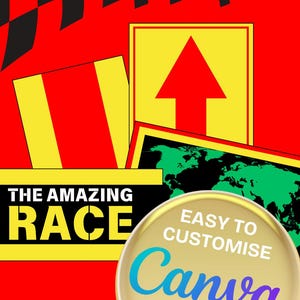 May include: Red background with black and white checkered flag design. Includes yellow and red rectangular shapes with a red arrow, a world map, and the text "THE AMAZING RACE". A gold circle with the text "Canva".