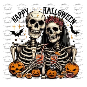 May include: A Halloween-themed illustration featuring two skeletons holding cocktails. The skeletons are surrounded by jack-o'-lanterns, orange slices, and bats. The words "HAPPY HALLOWEEN" are arched above the skeletons.
