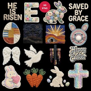 30 Faux Embroidery Easter Bundle PNG, Crochet Bunny Clipart, Textured Knitted Cross, He Is Risen Sublimation, Patchwork Egg, Religious PNGs