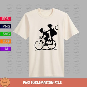 May include: A cream-coloured t-shirt with a black silhouette of two children on a bicycle. One is cycling, the other is standing on the back. The text "PNG SUBLIMATION FILE" is at the bottom of the image.