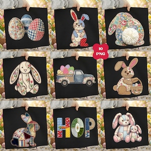 May include: A collection of Easter-themed designs on black backgrounds. The designs include patchwork bunnies, Easter eggs, a truck carrying eggs, and the word "HOP". The designs feature floral, gingham, and solid fabric patterns.