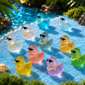 Könnte beinhalten: Eine Sammlung von zehn kleinen, durchscheinenden Gummienten in verschiedenen Farben wie Blau, Transparent, Gelb, Rosa, Grün und Lila. Jede Ente trägt eine schwarze Sonnenbrille und eine goldfarbene Kette und steht auf einer blauen, texturierten Fläche.