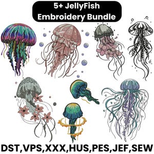 Puede incluir: Una colección de diseños de bordado de medusas coloridas. La imagen presenta varias medusas en tonos de rosa, azul, verde y morado, con patrones detallados de tentáculos y campanas. El texto "5+ JellyFish Embroidery Bundle" está en la parte superior.