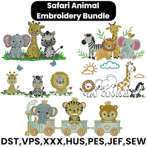 Pode incluir: Um pacote de bordado com animais da savana, incluindo elefantes, girafas, zebras e leões. Os desenhos são em estilo cartoon, com um comboio transportando um elefante, um tigre e um urso. O texto "Safari Animal Embroidery Bundle" está no topo.