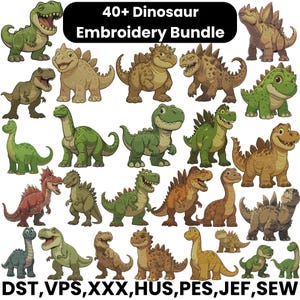 Puede incluir: Una colección de más de 40 diseños de dinosaurios de dibujos animados en varios colores y poses. La imagen incluye el texto "40+ Dinosaur Embroidery Bundle" y abreviaturas de tipos de archivo. Estos diseños son adecuados para proyectos de bordado.