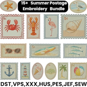 May include: A set of summer-themed embroidery patterns designed to look like postage stamps. The designs feature a starfish, crab, lobster, flamingo, seashell, sunglasses, surfboard, fish, anchor, lighthouse, ice cream, turtle, palm tree, and beach ball.