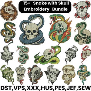 May include: A selection of 15+ snake and skull embroidery designs. The designs showcase detailed illustrations of snakes coiled around skulls, with various colour schemes including green, red, and blue. The text "15+ Snake with Skull Embroidery Bundle" is displayed at the top.