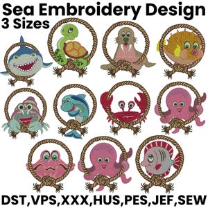 Sea Animal Embroidery Design, Cute Cartoon baby Sea Animals, Baby Shark Embroidery, Turtle embroidery, Sea Embroidery, Machine Embroidery
