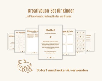 May include: A set of printable creative pages for children, featuring a wish poster, encouragement cards, and a certificate. The pages have a beige background with brown text and illustrations. The text includes "Hello!" and "Dreams & Goals."