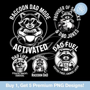 Funny Raccoon Dad PNG Bundle | 5 Cool Dad Life Animal Designs | Father’s Day Sublimation Clipart Shirt Download