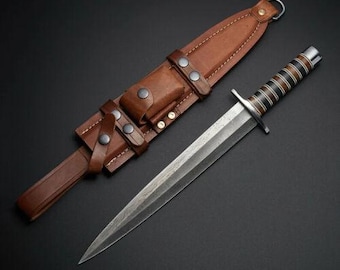 Cuchillo Bowie Arkansas de acero de Damasco, hecho a mano, con funda de cuero.